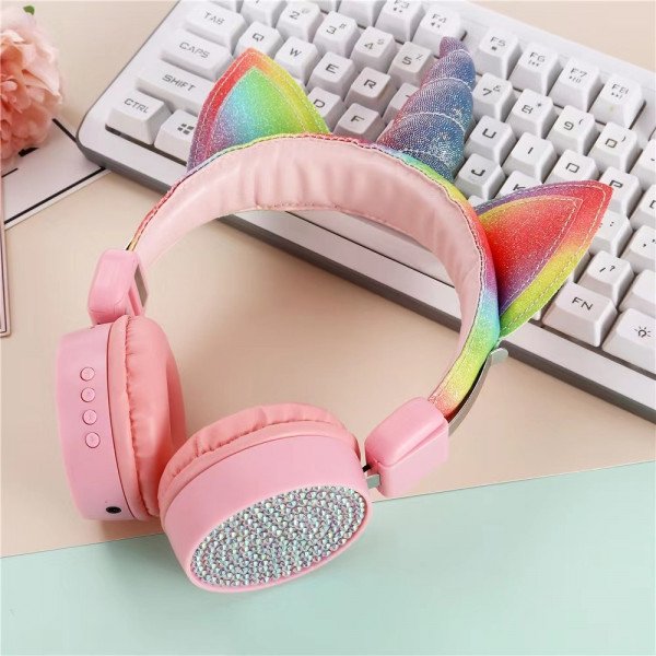 Wholesale Bluetooth Wireless Fashion Glitter Jewel Unicorn Foldable Headphone Headset with Built in Mic for Adults Children Work Home School for Universal Cell Phones, Laptop, Tablet, and More (Pink)